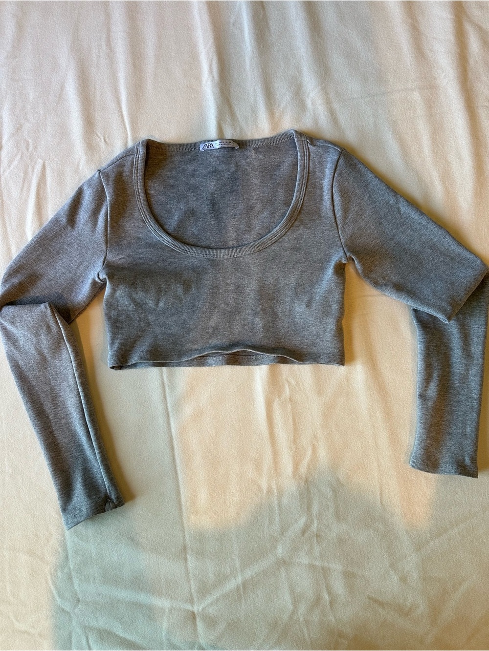Zara Gray Cropped Long Sleeve Scoop Neck Top